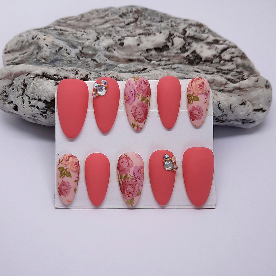 Pink Press On Nails with Roses & Gems