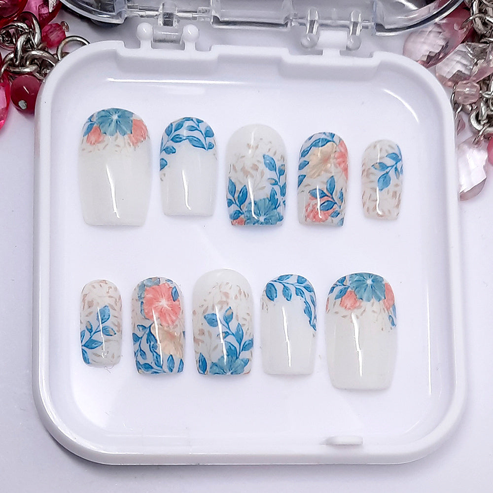 Cute Press On Nails with Flowers & Leaves