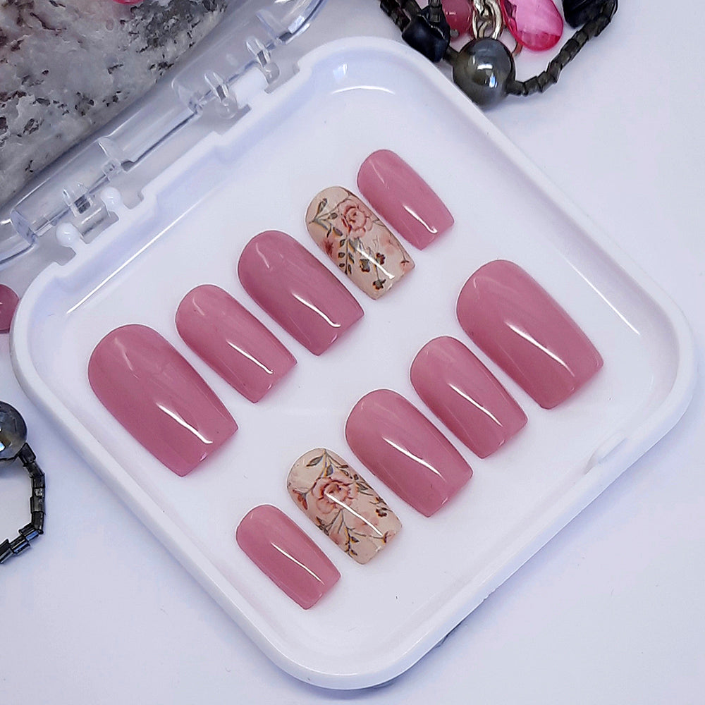 Pink Press On Nails with Floral Accent