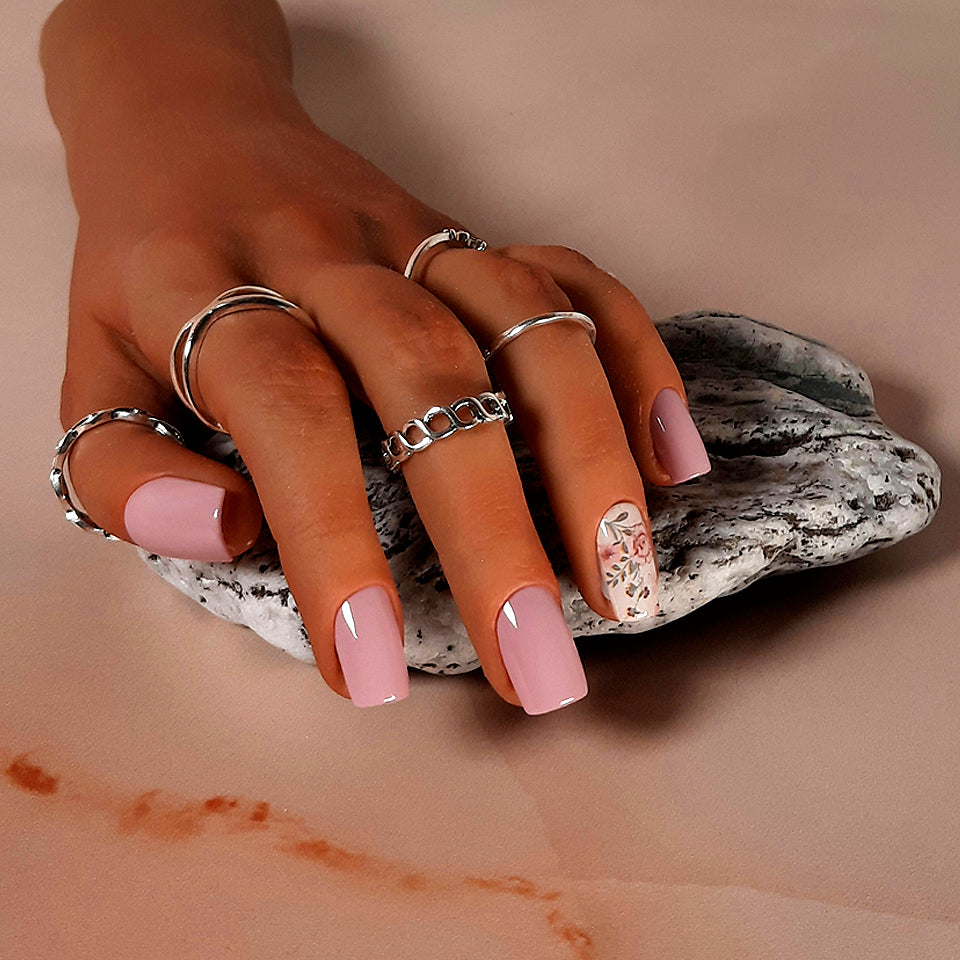 hand made square press on nails with floral accent
