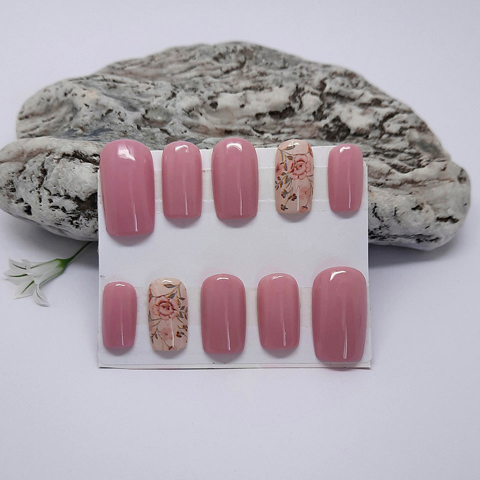 Pink Press On Nails with Floral Accent
