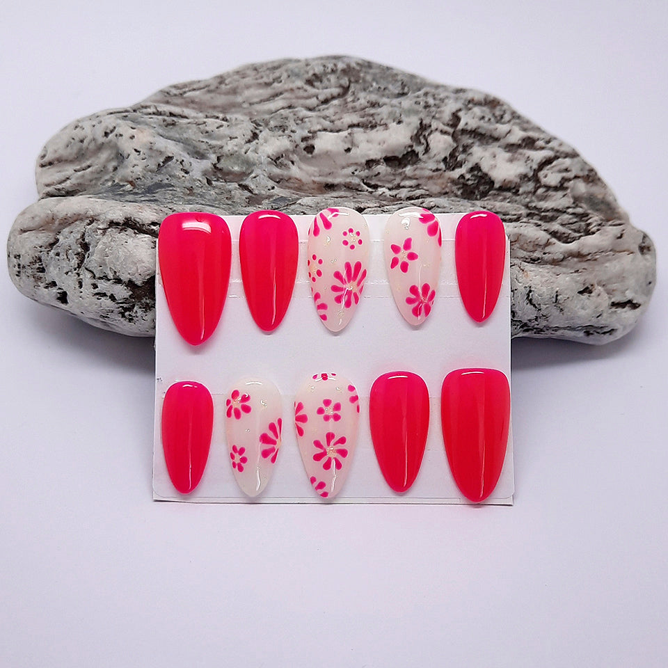 Cute Pink & White Press On Nails with Hand Painted Flowers