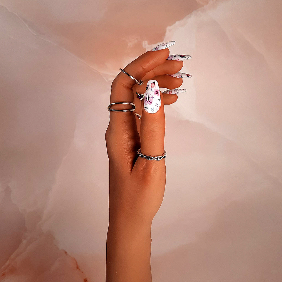 White Press On Nails with Pastel Flowers