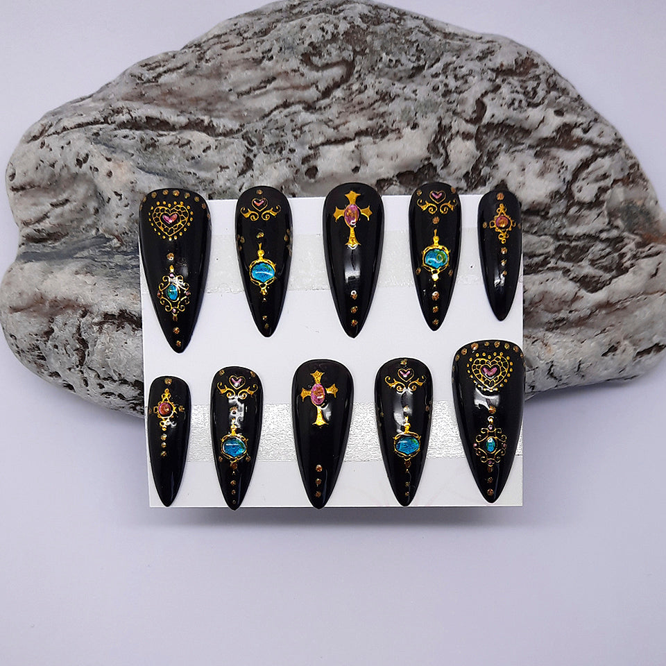 Black Decorated Press On Nails