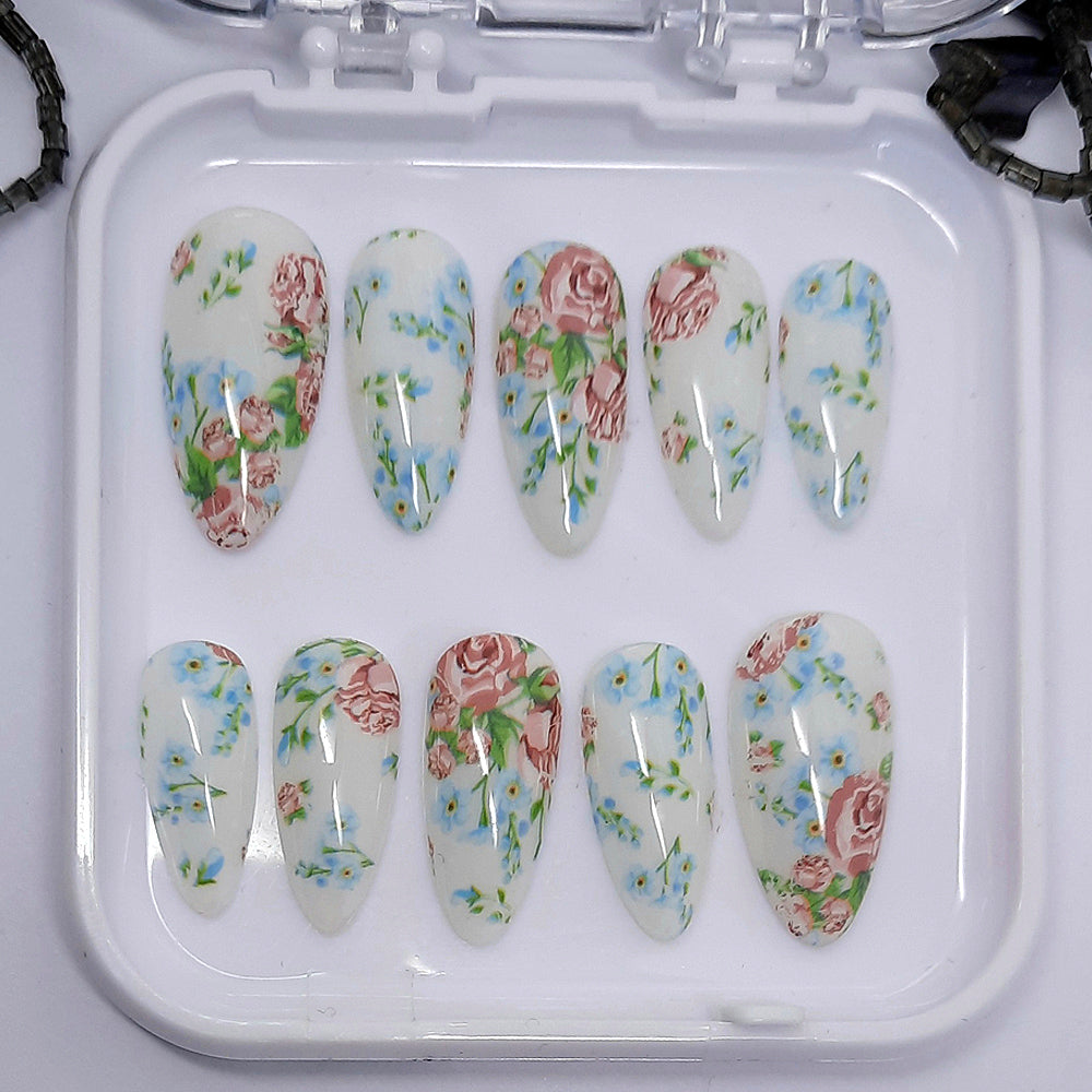 White Press On Nails with Roses