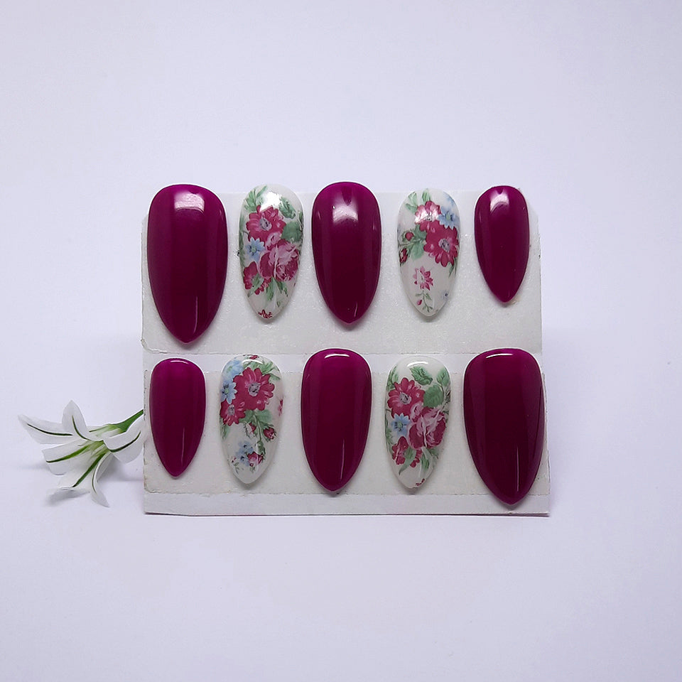 Burgundy Floral Press On Nails