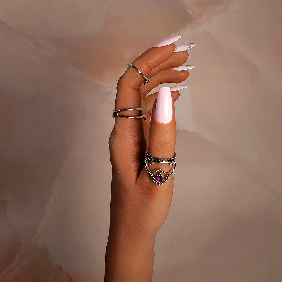 Pale Pink & White Press On Nails with Butterflies