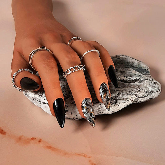 hand made black stiletto press on nails with marble accents