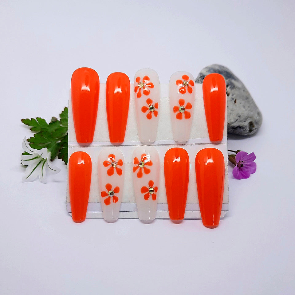 Bright Orange Floral Press On Nails