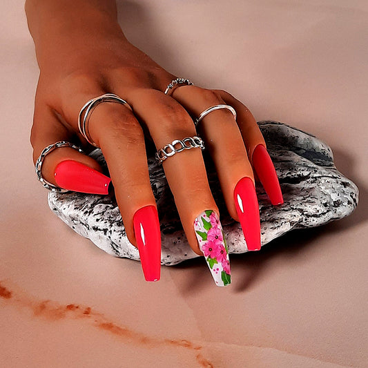 hand made pink coffin press on nails with flowers
