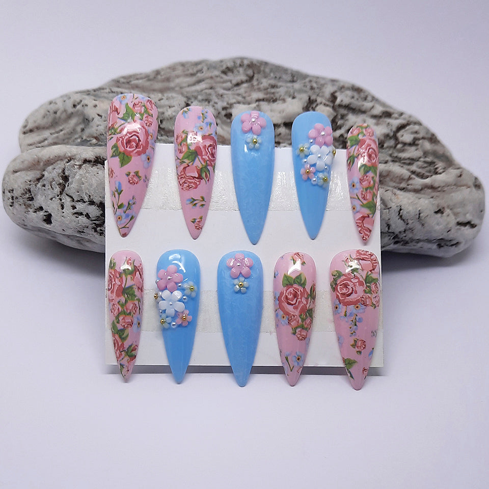 Pink & Blue Press On Nails with Flowers