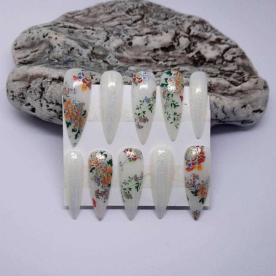 White Oriental Press On Nails