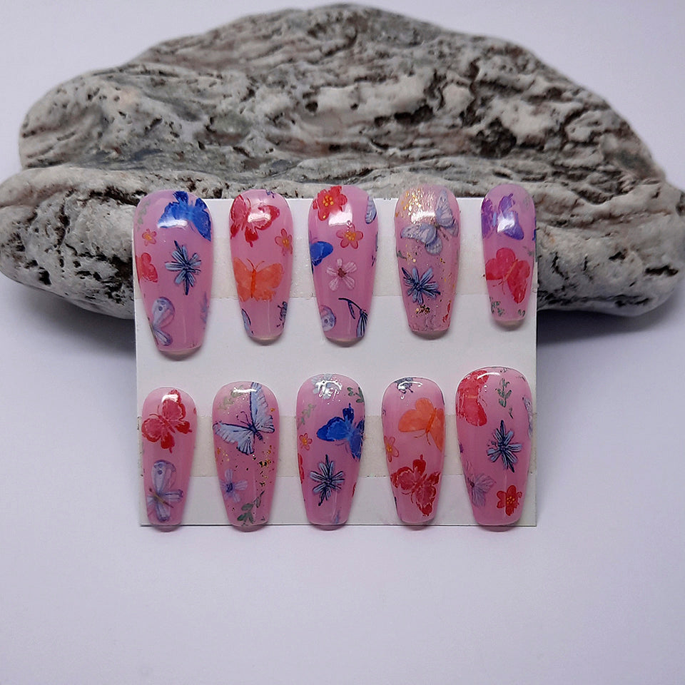 Beautiful Pink Press On Nails with Flowers & Butterflies