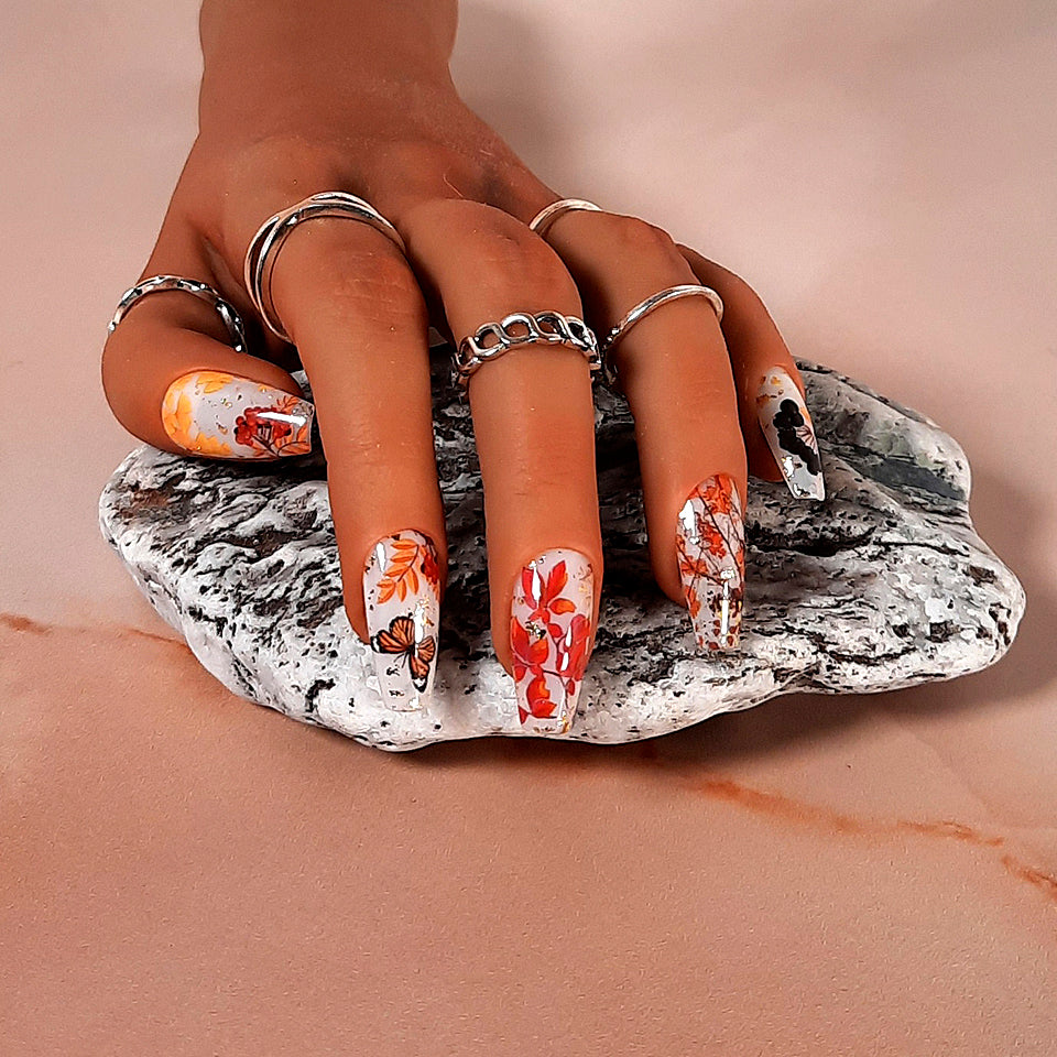 Press On Nails with Leaves, Butterflies & Gold Flakes
