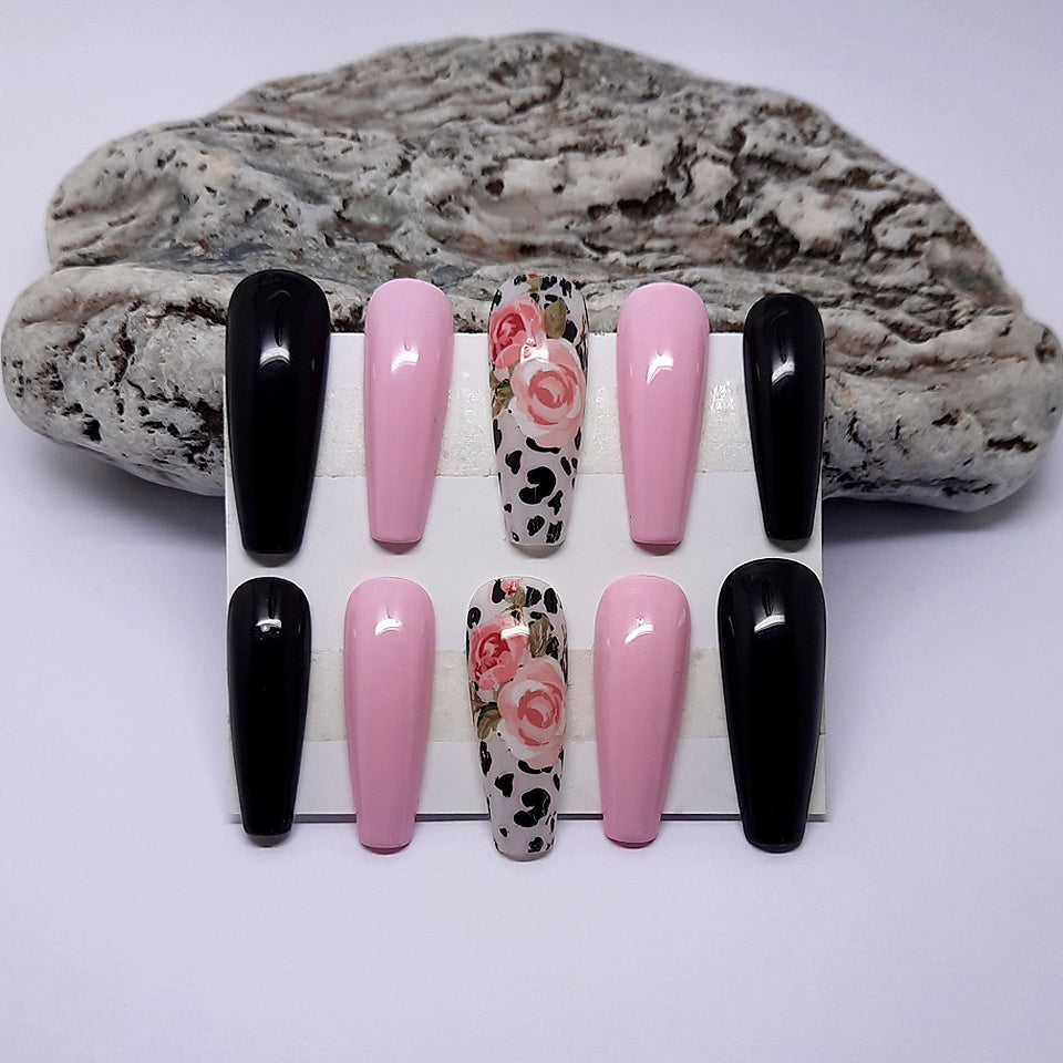 Pink & Black Press On Nails with Animal Print