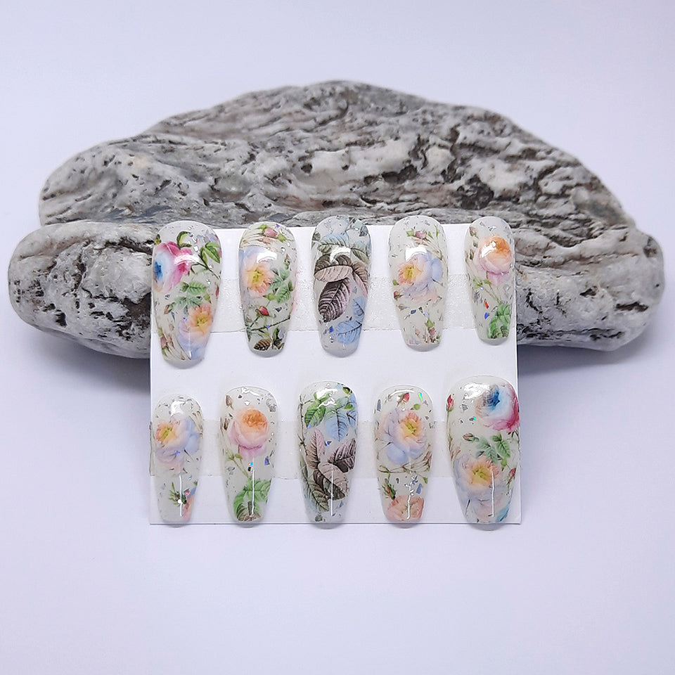 White Press On Nails with Flowers & Silver Flakes