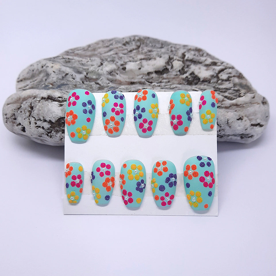 Press On Nails with Glitter Flowers