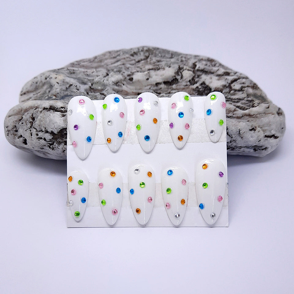 White Press On Nails with Pastel Gems
