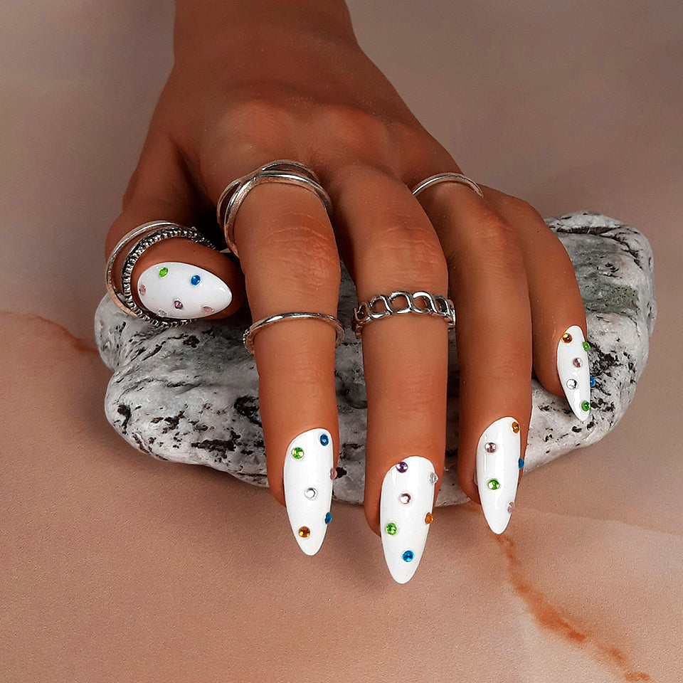 White Press On Nails with Pastel Gems