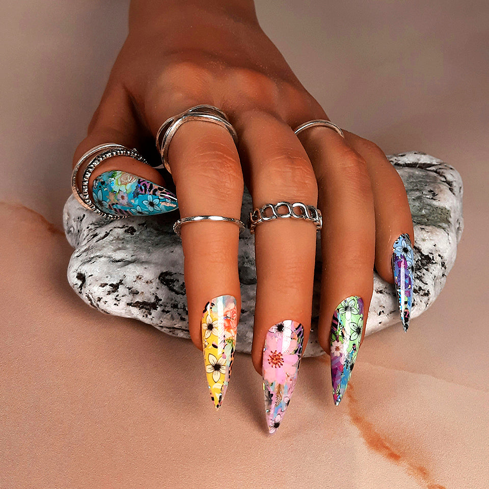 hand made full 20 stiletto nail press on set with flowers