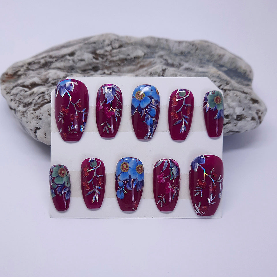 Fuchsia Press On Nails with Holo Flowers & Berries
