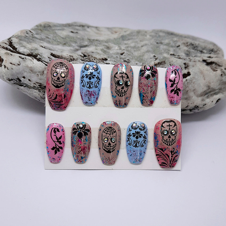 Funky Press On Nails with Skulls & Crystals