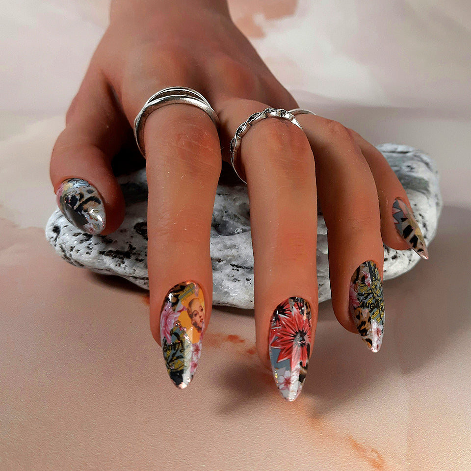 hand made reusable press on nails with a pop art design