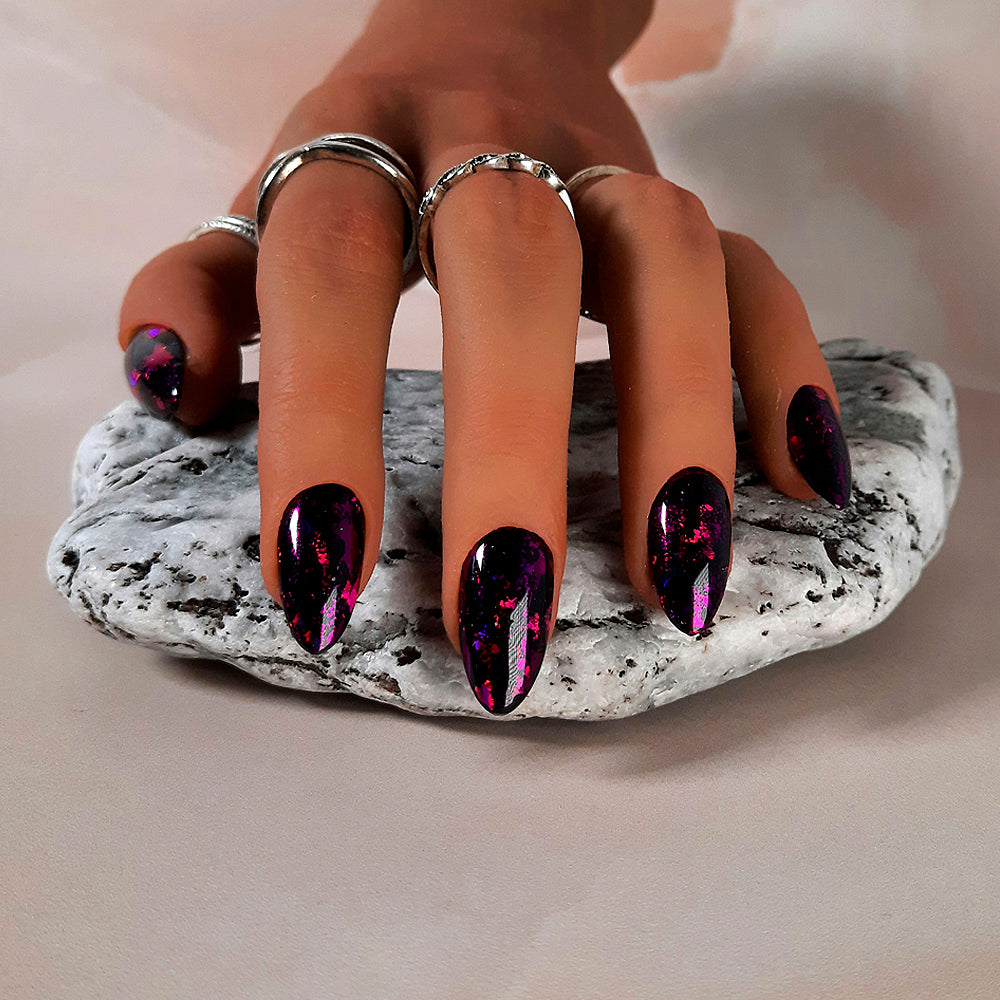 hand made black almond press on nails with pink and purple foil