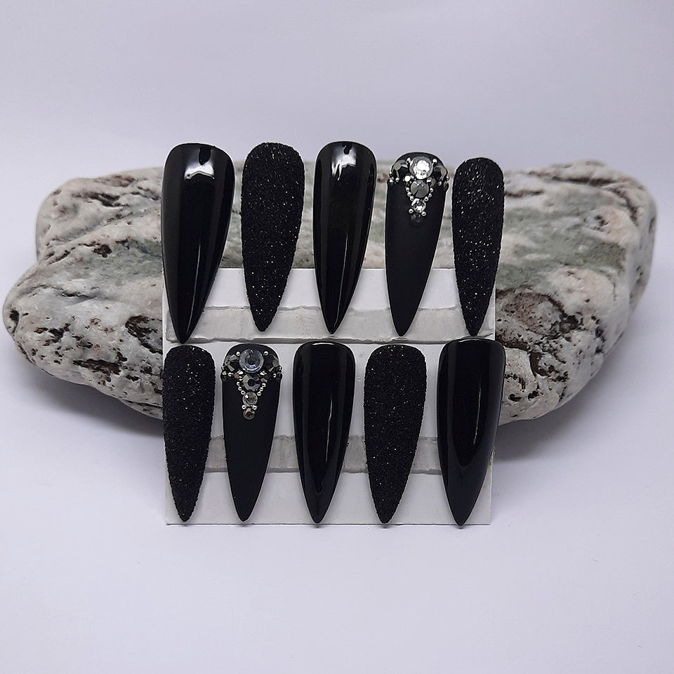 black hand made press on nails with glitter and crystals