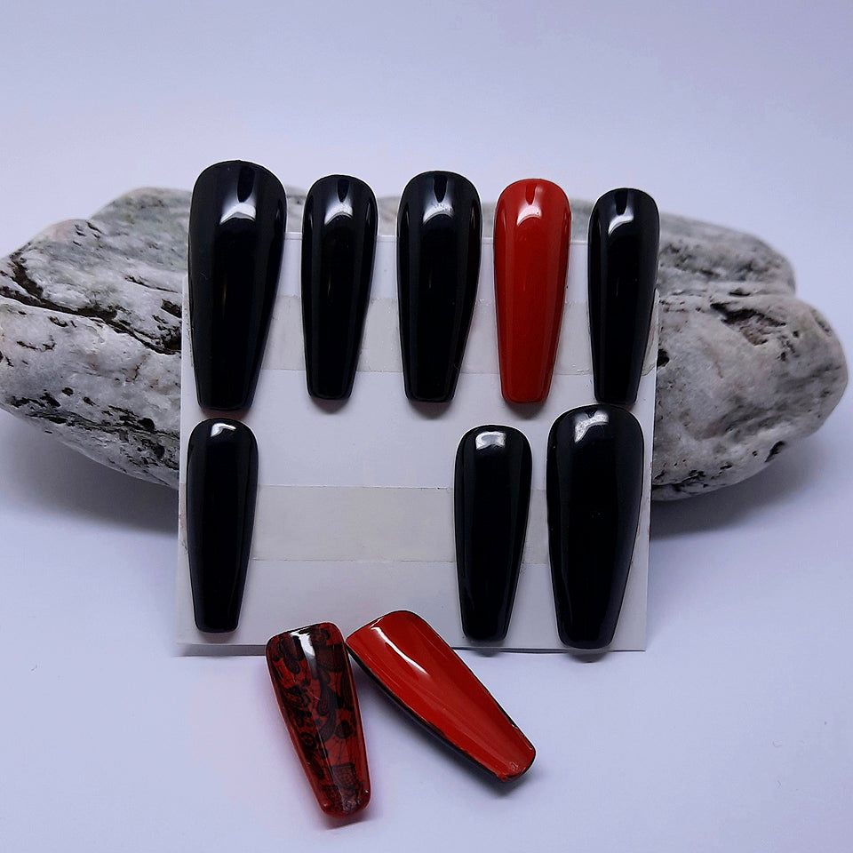 black and red peek-a-boo Louboutin style press on nails with a black lace accent