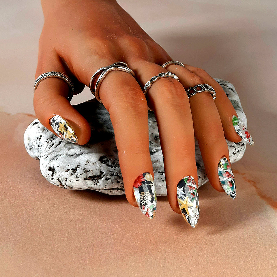 hand made Christmas press on nails with an abstract design