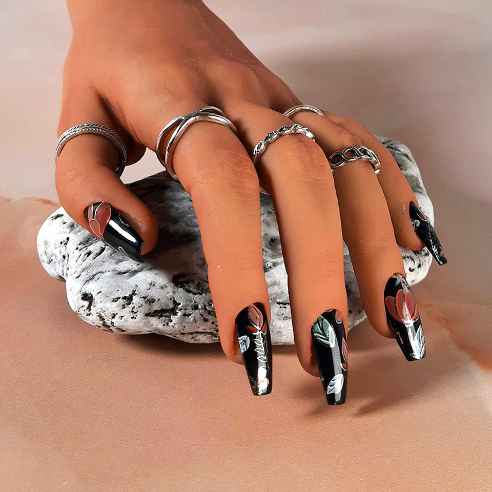 Glossy black hand made press on nails with holo flowers and leaves