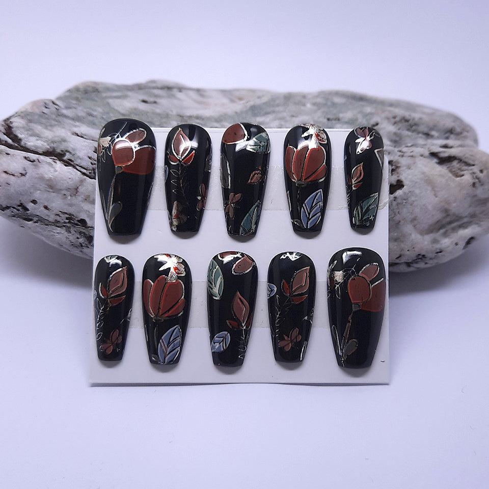 Glossy black hand made press on nails with holo flowers and leaves