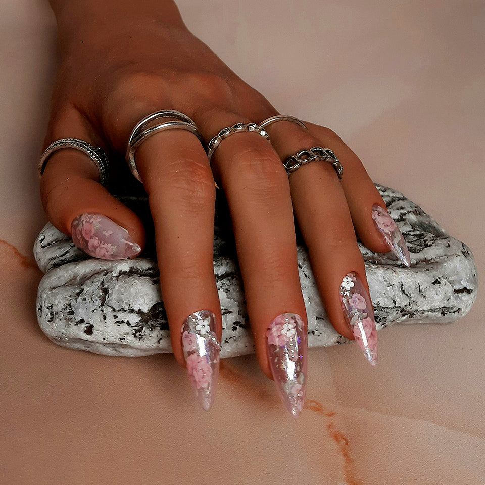hand made pink jelly stiletto press on nails with roses and 3d nail art