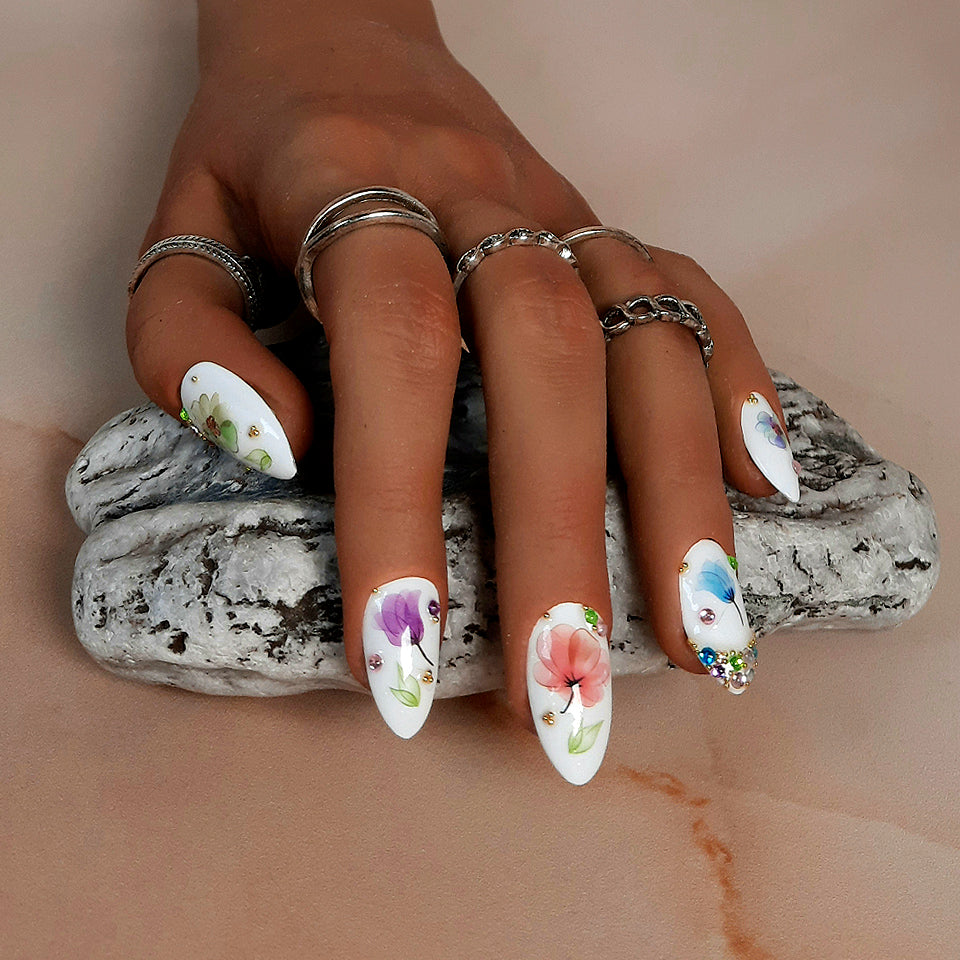 white almond hand made press on nails with flowers and gems