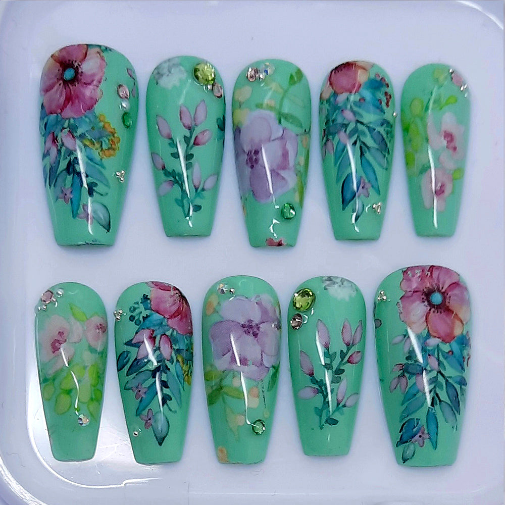 beautiful pastel green coffin press on nails with flowers, gems and pearls