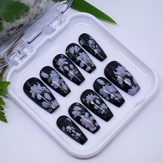 Beautiful classic black hand made press on nails with magnolia flowers
