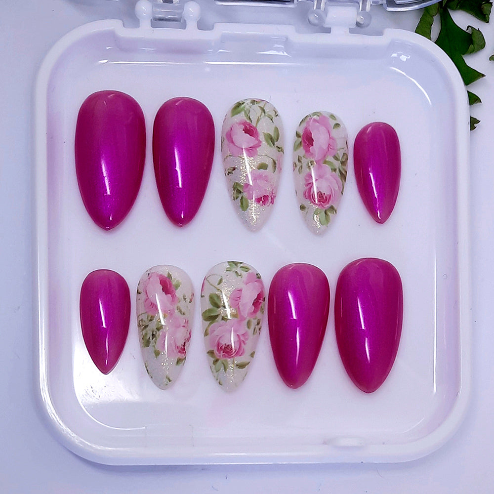 very beautiful pearly pink press on nails with pink roses on sparkly milky white accent nails