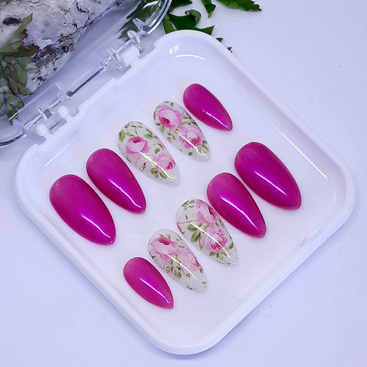 very beautiful pearly pink press on nails with pink roses on sparkly milky white accent nails