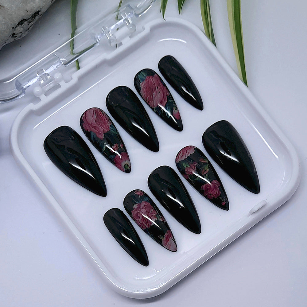 beautiful black press on nails with pink roses