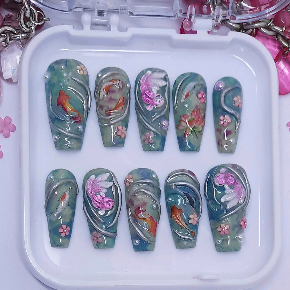 stunning hand made press on nails with 3d koi fish, flowers, pearls and water ripples
