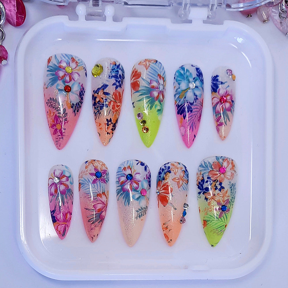 beautiful colourful ombre press on nails with exotic flowers and gems