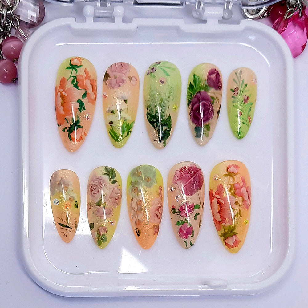 Beautiful colourful, sparkling press on nails with large flowers and some gems