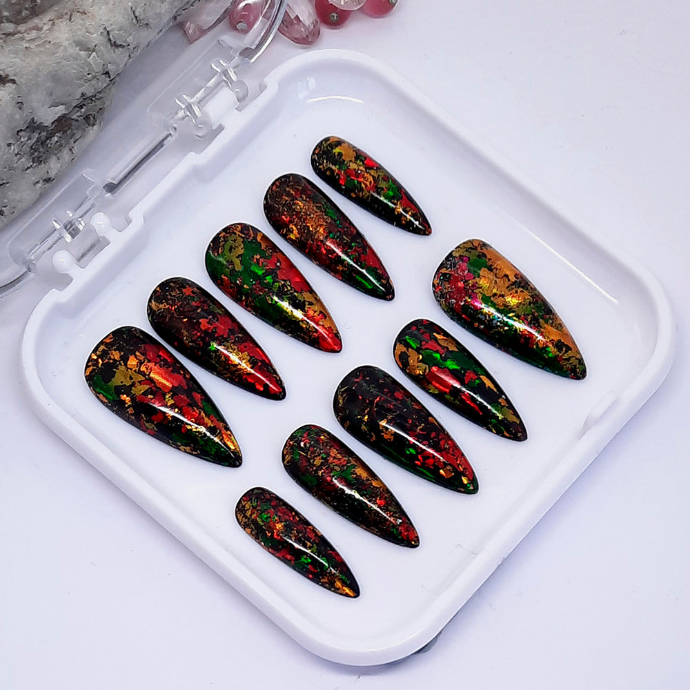 gorgeous glossy black press on nails with red, greeen and gold foil