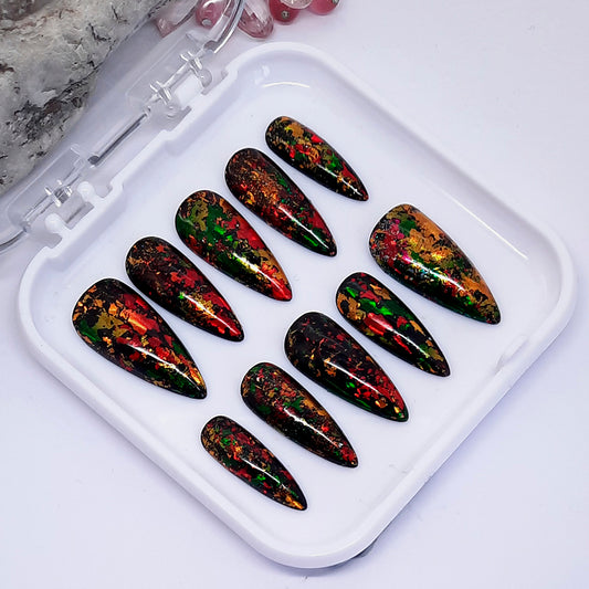gorgeous glossy black press on nails with red, greeen and gold foil