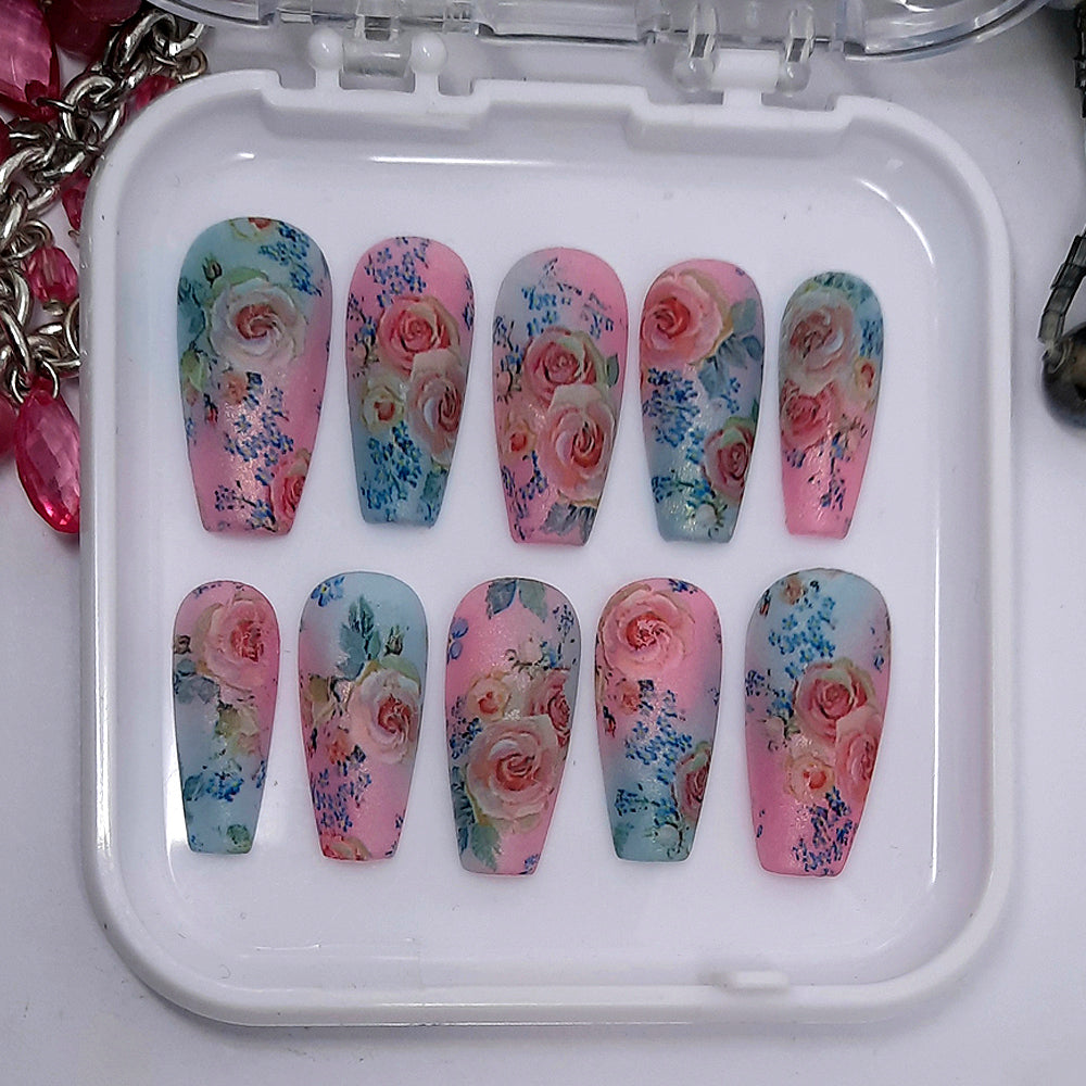 beautiful pink and blue press on nails with pink roses and blue flowers