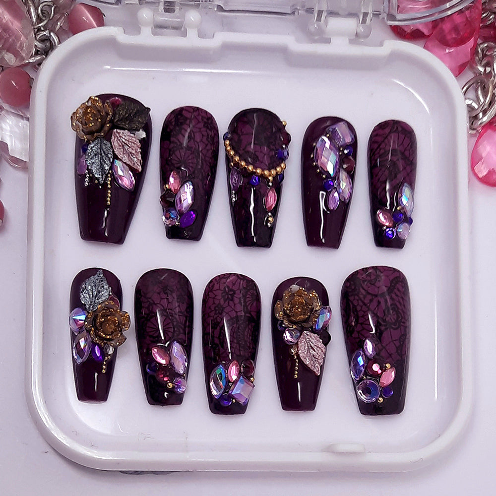 beautiful ombre purple press on nails with black lace, 3d roses and crystals