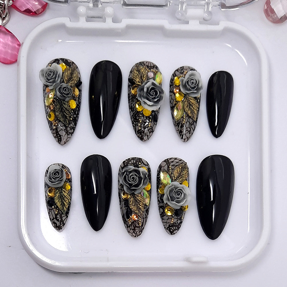 beautiful grey and black press on nails with 3d roses and crystals