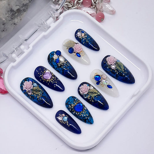 beautiful blue ombre press on nails with lace and 3d roses with crystals and caviar beads