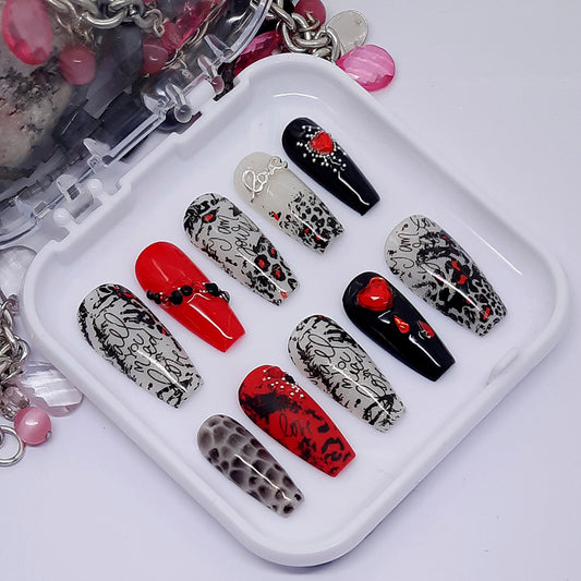 Black & Red Animal Print Press On Nails